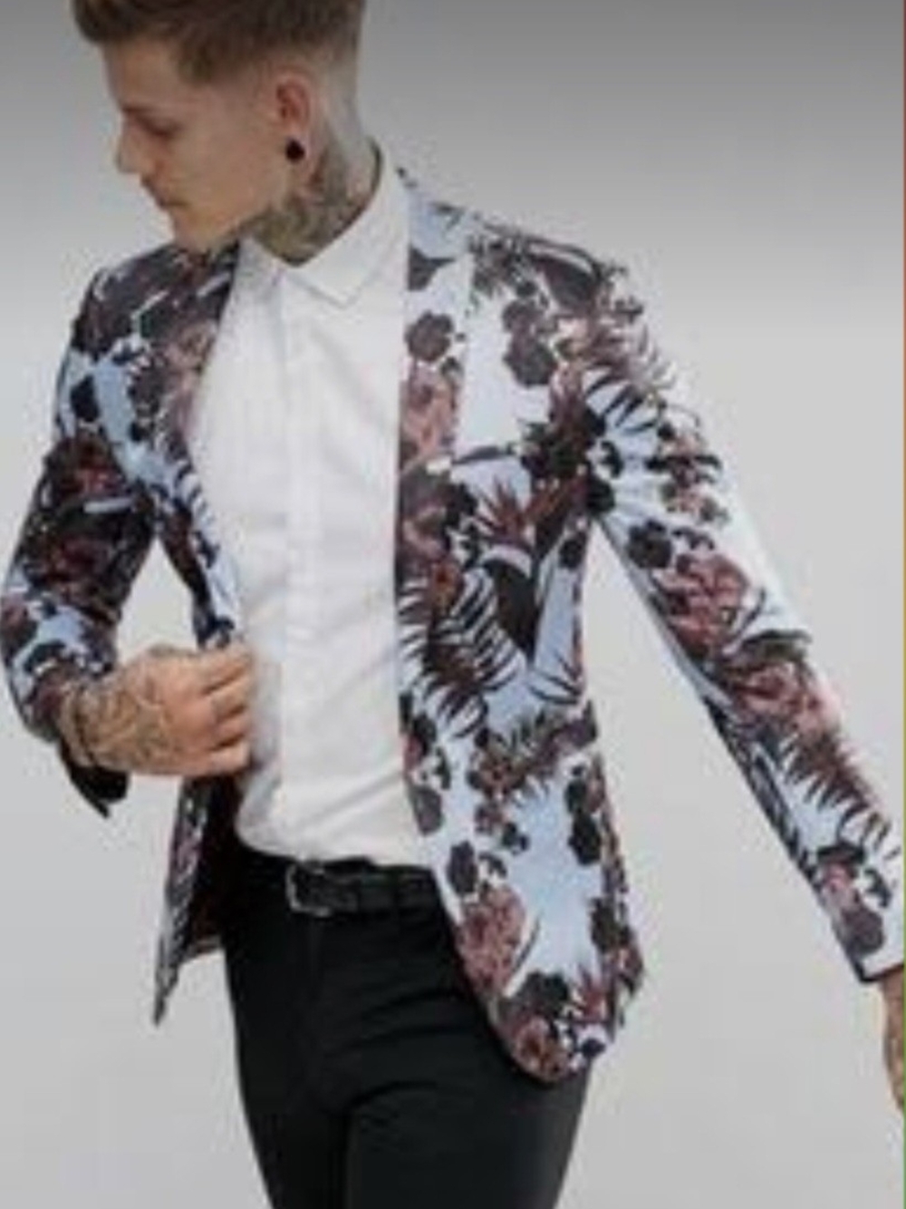 ASOS Light Blue Floral Men's Blazer with Black and Brown Accents